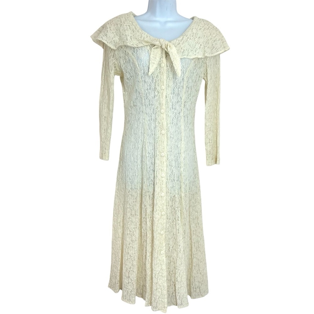 Vintage 90s Lace Tie Sailor Neck Long Sleeve Semi-sheer Dress Size 10 M Cream